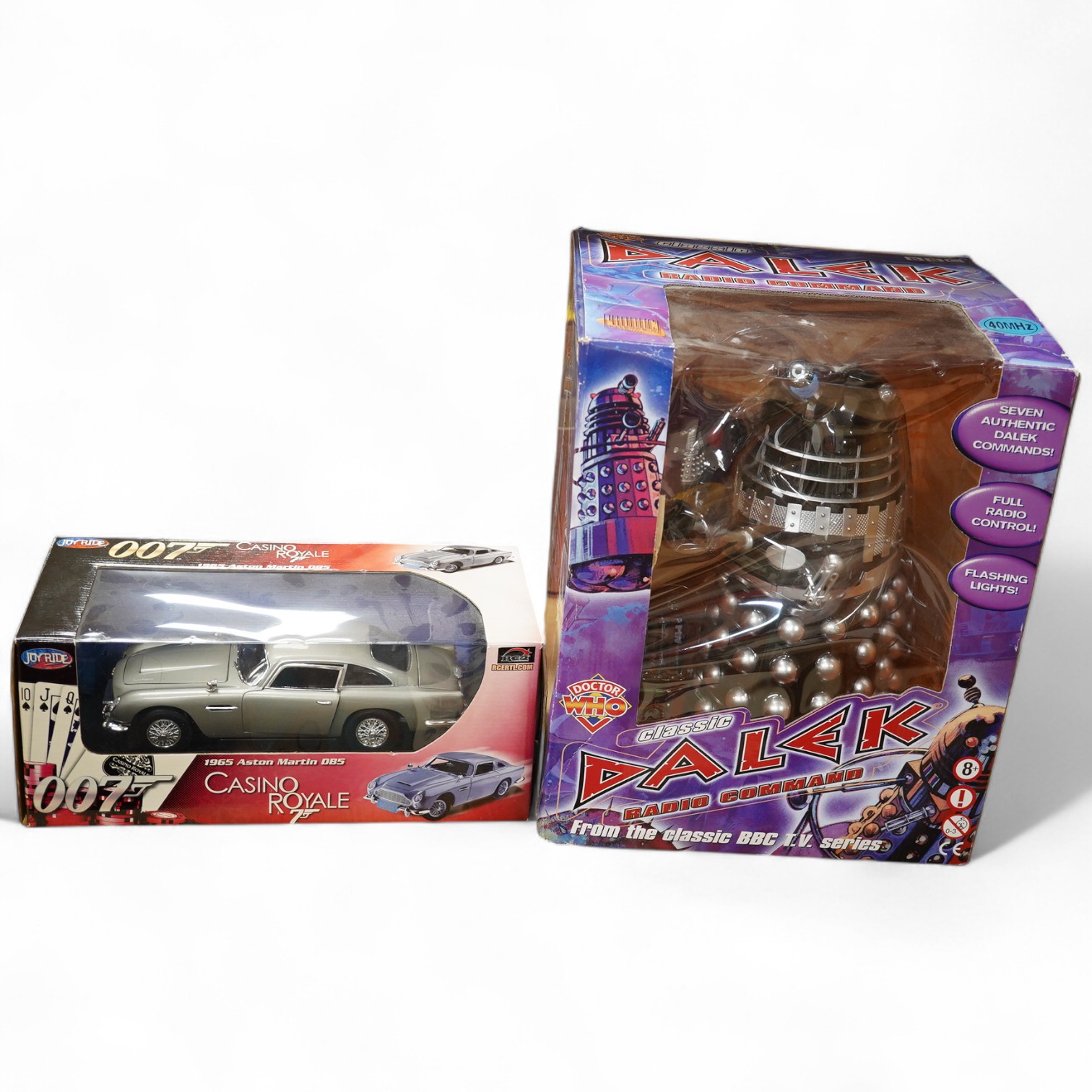 A large scale Product Enterprise Ltd. (for the BBC) radio controlled model Classic Dalek from Doctor Who, together with an Ertl 1:18 scale James Bond 007 Aston Martin DB5 in a Casino Royale branded box. Condition - fair